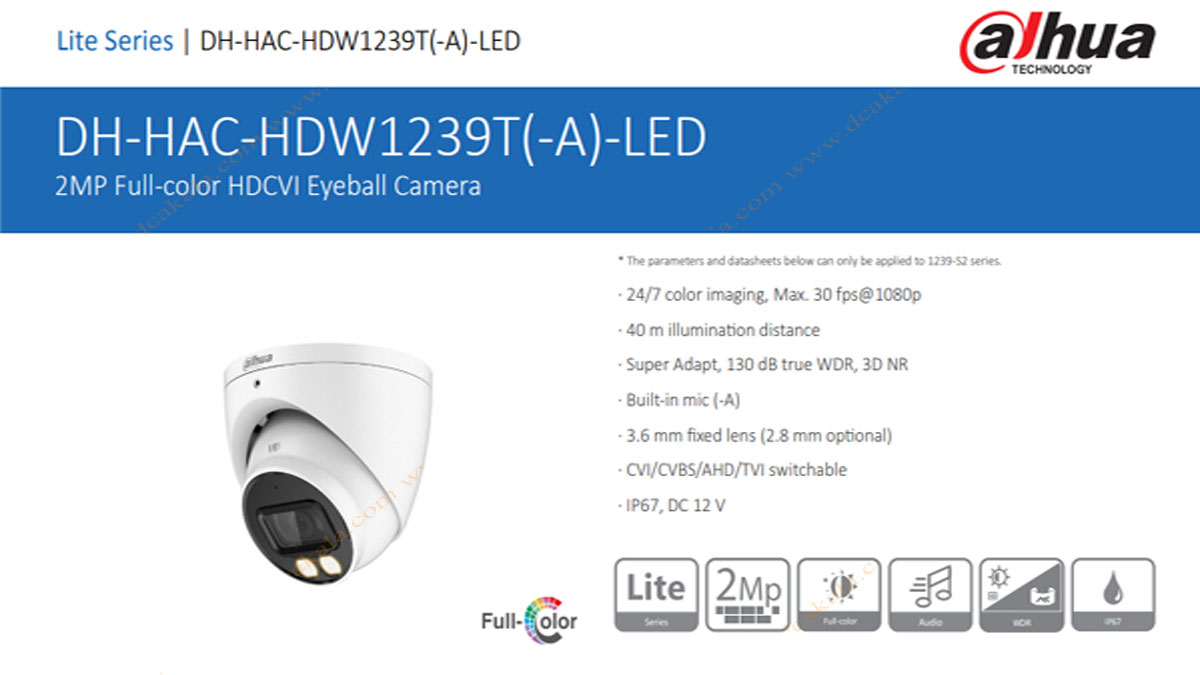 دوربین مداربسته 2 مگاپیکسل تحت شبکه داهوا مدل DH-HAC-HDW1239TP-A-LED