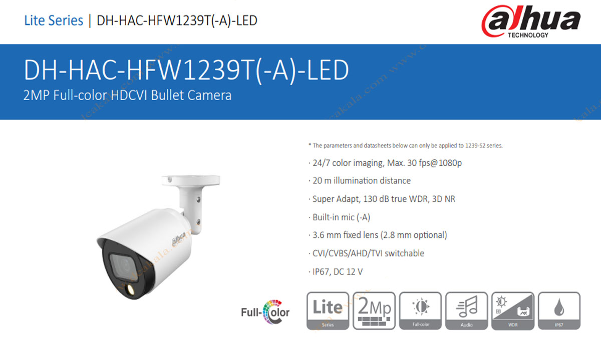 دوربین مداربسته 2 مگاپیکسل تحت شبکه داهوا مدل DH-HAC-HFW1239TP-A-LED
