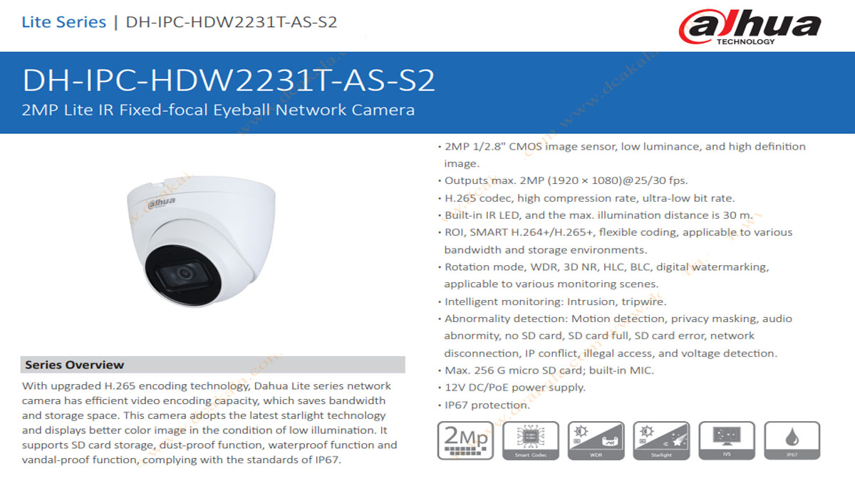 دوربین مداربسته 2 مگاپیکسل تحت شبکه داهوا مدل DH-IPC-HDW2231TP-AS