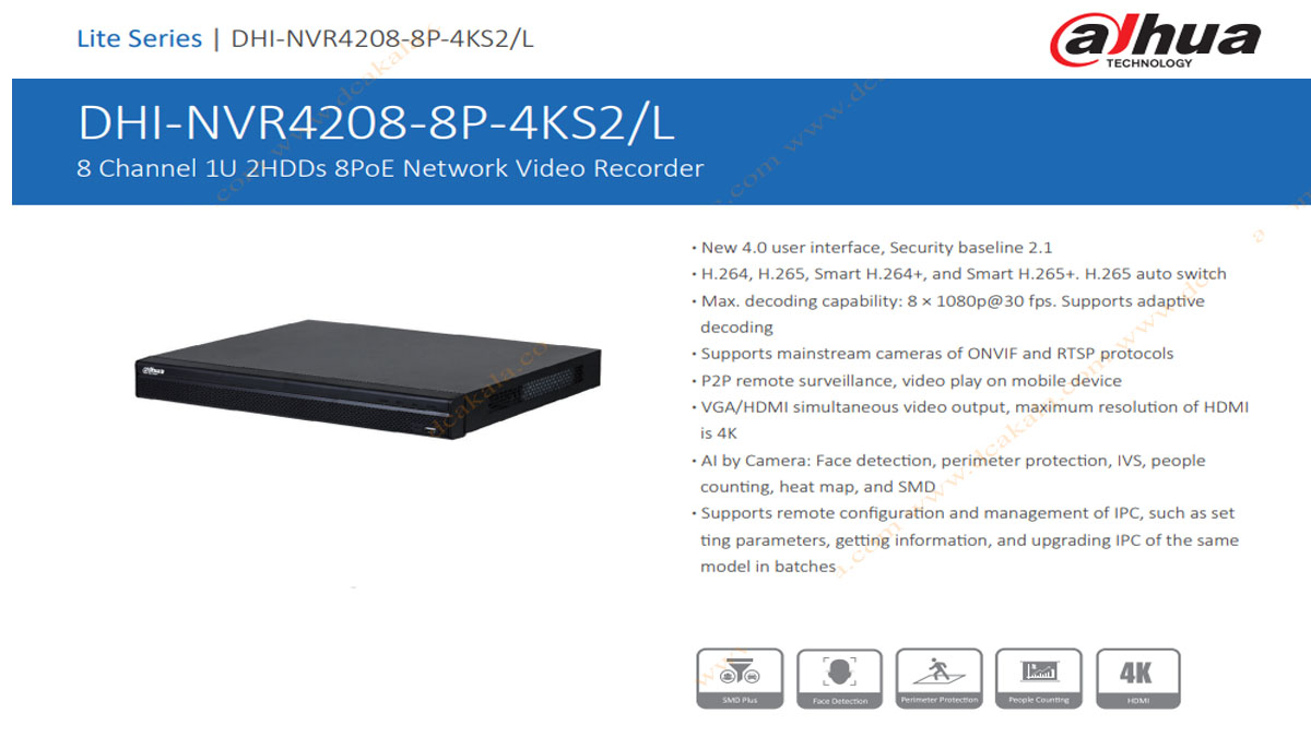 دستگاه ضبط کننده تصویر تحت شبکه داهوا مدل  NVR 4208-8P-4KS2/L 
