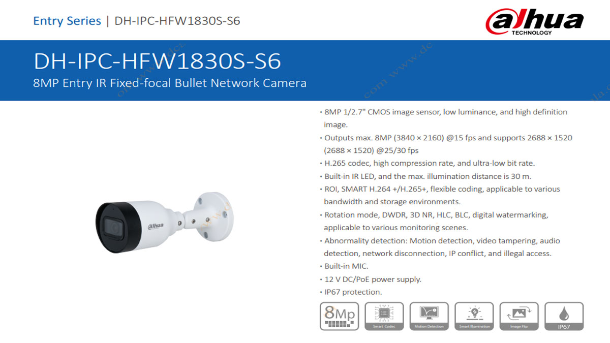 دوربین مداربسته 8 مگاپیکسل تحت شبکه داهوا مدل IPC-HFW1830SP-0360B-S6