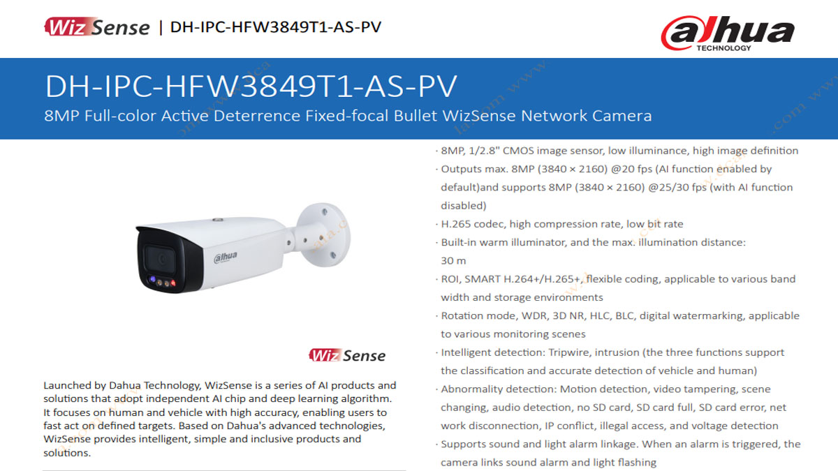 دوربین مداربسته 8 مگاپیکسل تحت شبکه داهوا مدل HFW3849T1P-AS-PV-0360