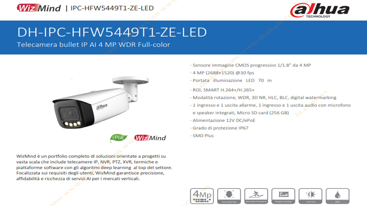 دوربین مداربسته 4 مگاپیکسل تحت شبکه داهوا مدل IPC-HFW5449T1-ZE-LED