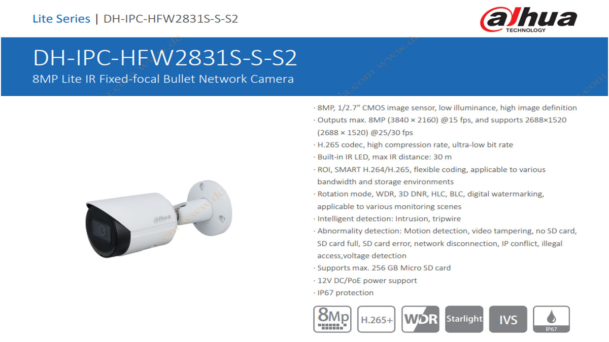 دوربین مداربسته 8 مگاپیکسل تحت شبکه داهوا مدل IPC-HFW2831SP-0360-S2