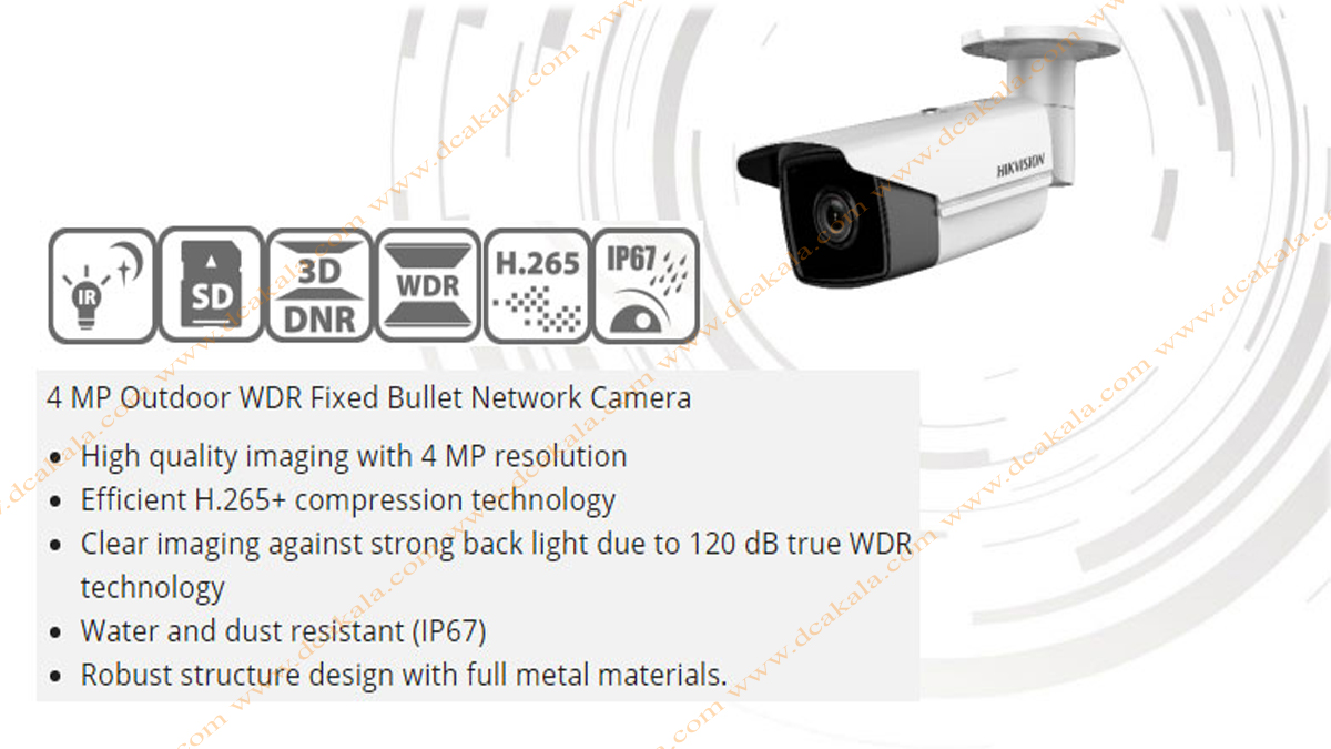مشخصات ظاهری دوربین هایک ویژن بولت IP مدل DS-2CD2T43G0-I8
